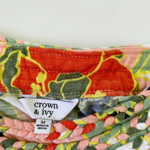 Crown & Ivy Sleeveless Braid Trim Tank Top Shirt Blouse Floral Coral Orange M - Picture 9 of 10